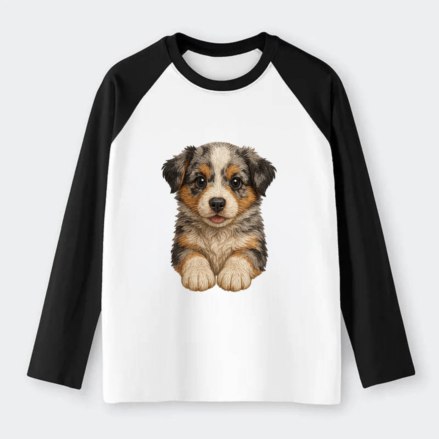 Baby Australian Shepherd Puppy - merle coat, bright eyes, fluffy, - Raglan Long Sleeve T-Shirt - Black