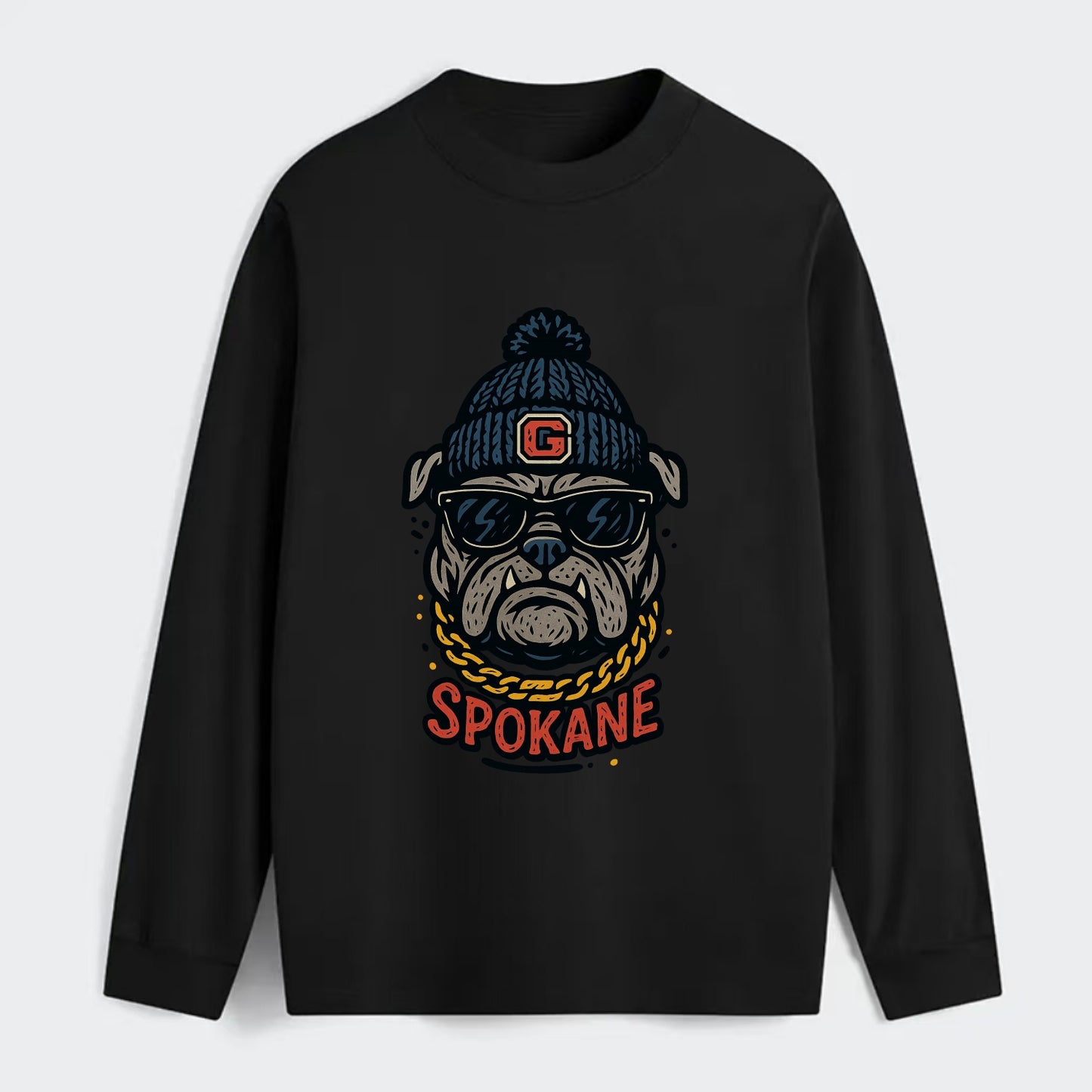 Spokane Bulldog wearing Gonzaga beanie with G patch - Classic Long Sleeve Shirt - Black
