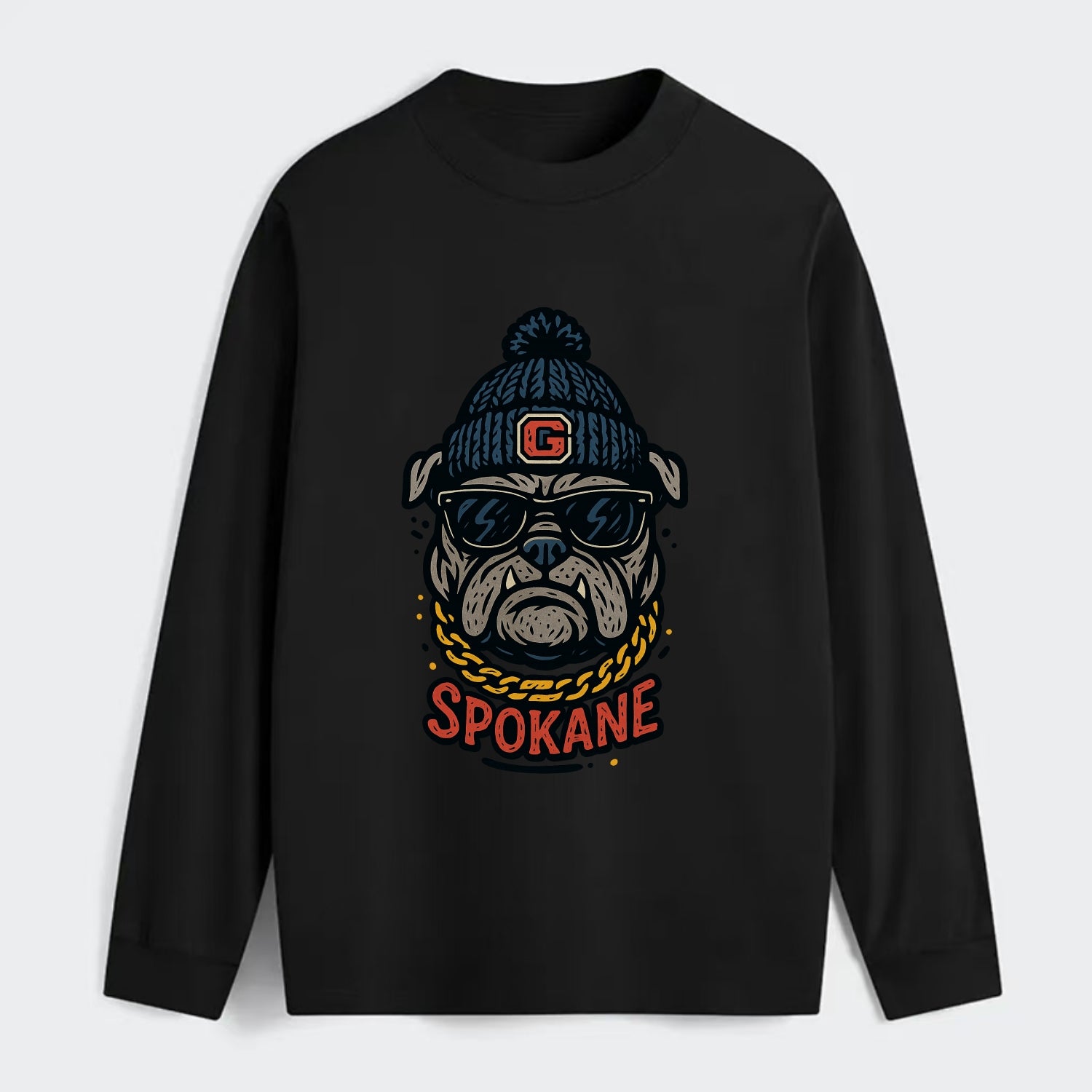 Spokane Bulldog wearing Gonzaga beanie with G patch - Classic Long Sleeve Shirt - Black