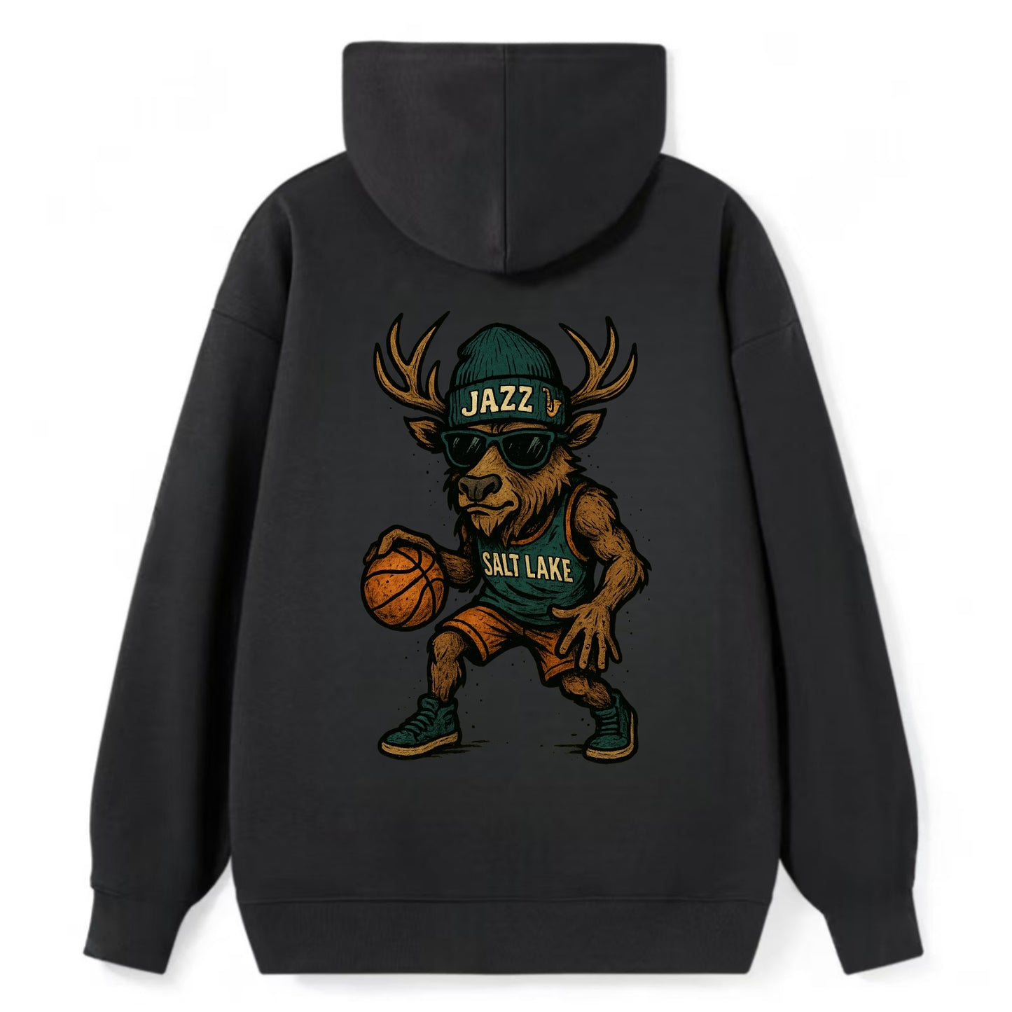 Salt Lake Elk wearing Jazz beanie with saxophone patch and wayfarer - Classic Pullover Hoodie - Black