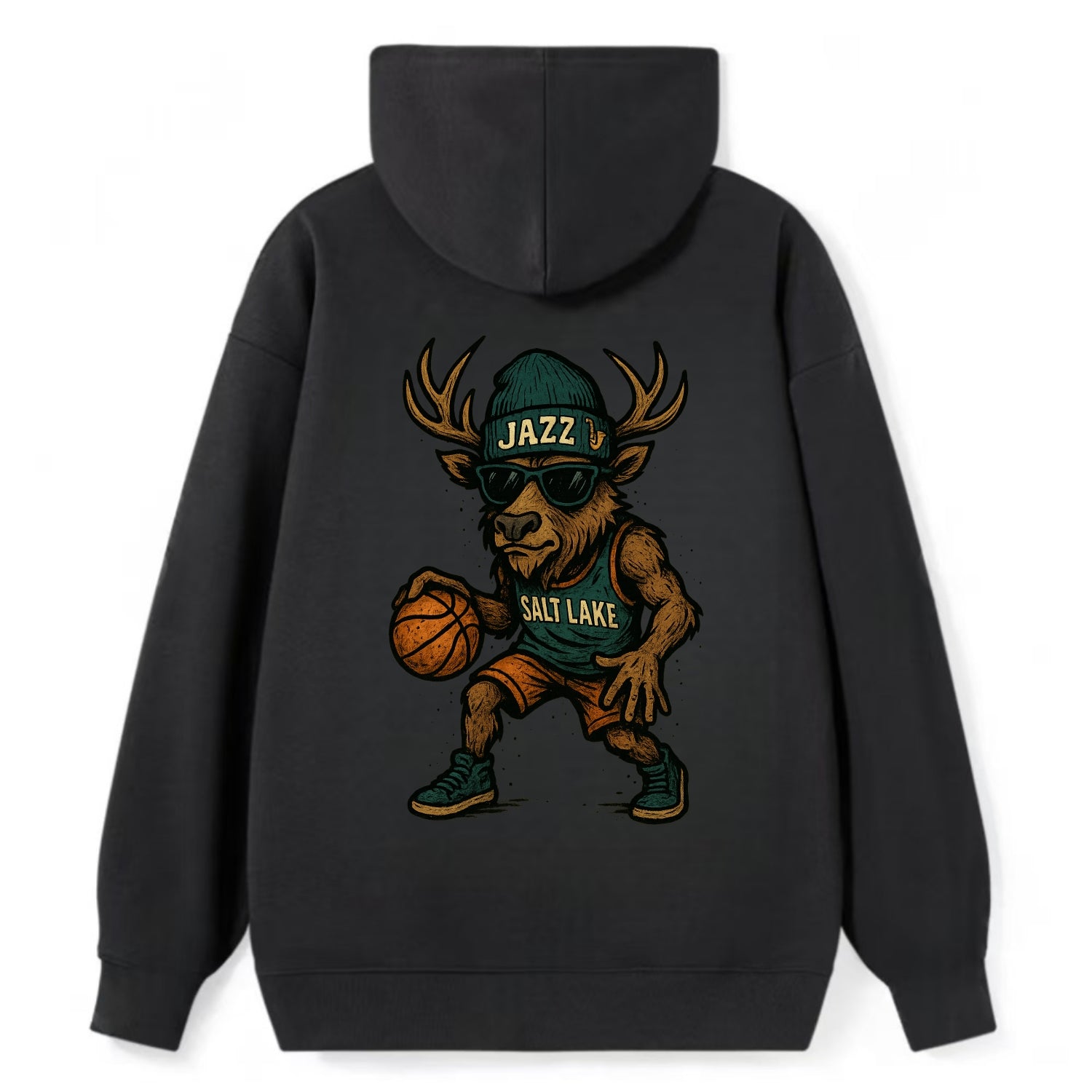 Salt Lake Elk wearing Jazz beanie with saxophone patch and wayfarer - Classic Pullover Hoodie - Black