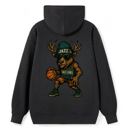 Salt Lake Elk wearing Jazz beanie with saxophone patch and wayfarer - Classic Pullover Hoodie - Black