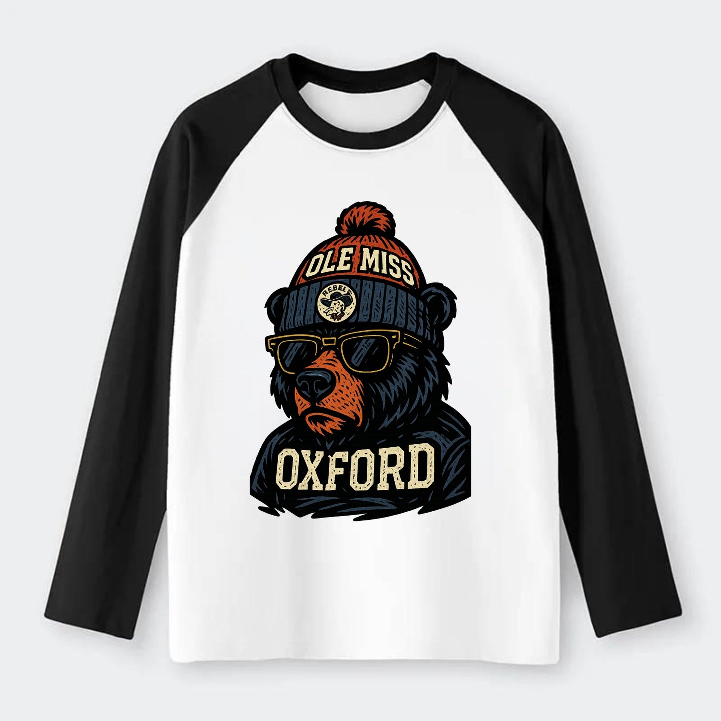 Oxford Black Bear wearing Ole Miss beanie with rebel patch - Raglan Long Sleeve T-Shirt - Black