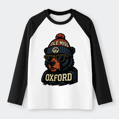 Oxford Black Bear wearing Ole Miss beanie with rebel patch - Raglan Long Sleeve T-Shirt - Black