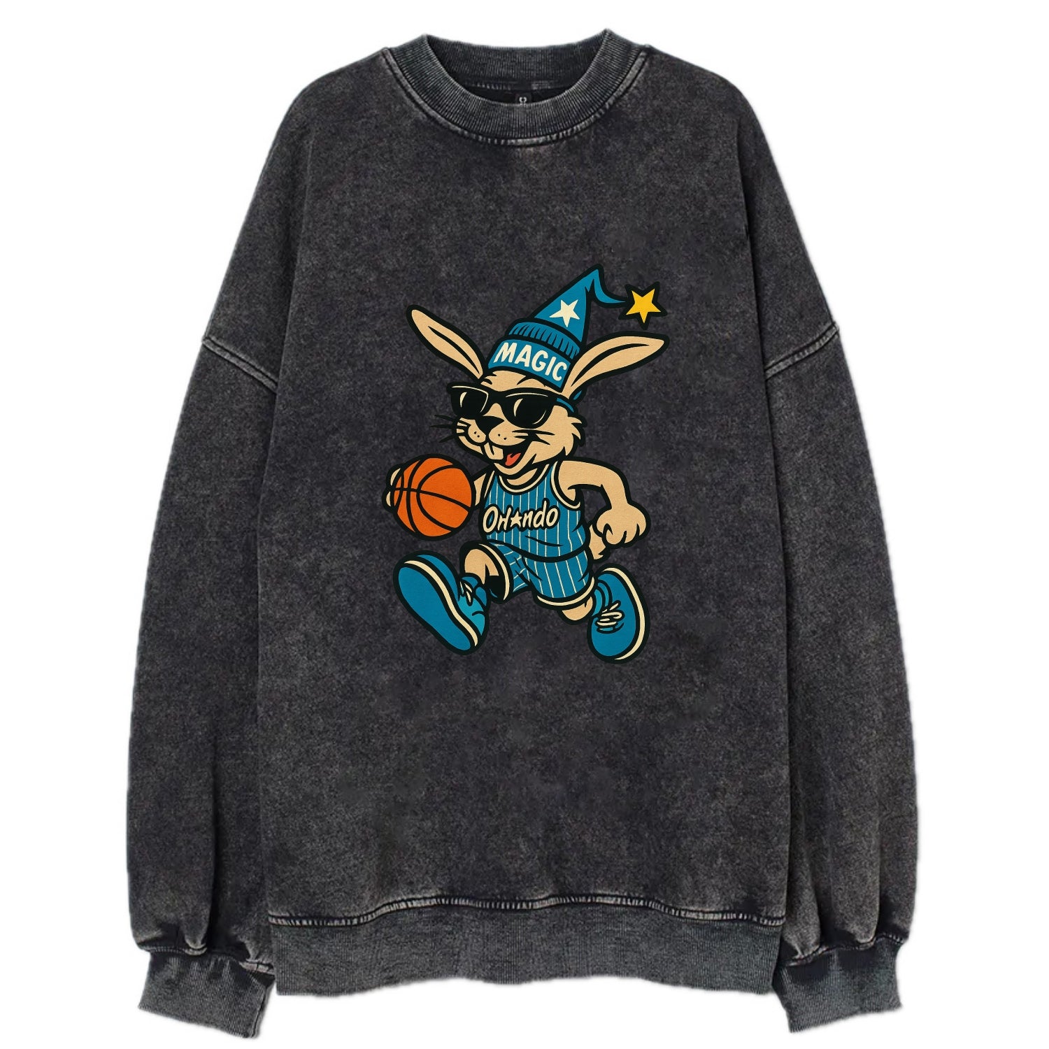 Orlando Rabbit wearing Magic blue and silver beanie with wizard hat and - Vintage Sweatshirt - Black
