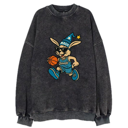 Orlando Rabbit wearing Magic blue and silver beanie with wizard hat and - Vintage Sweatshirt - Black