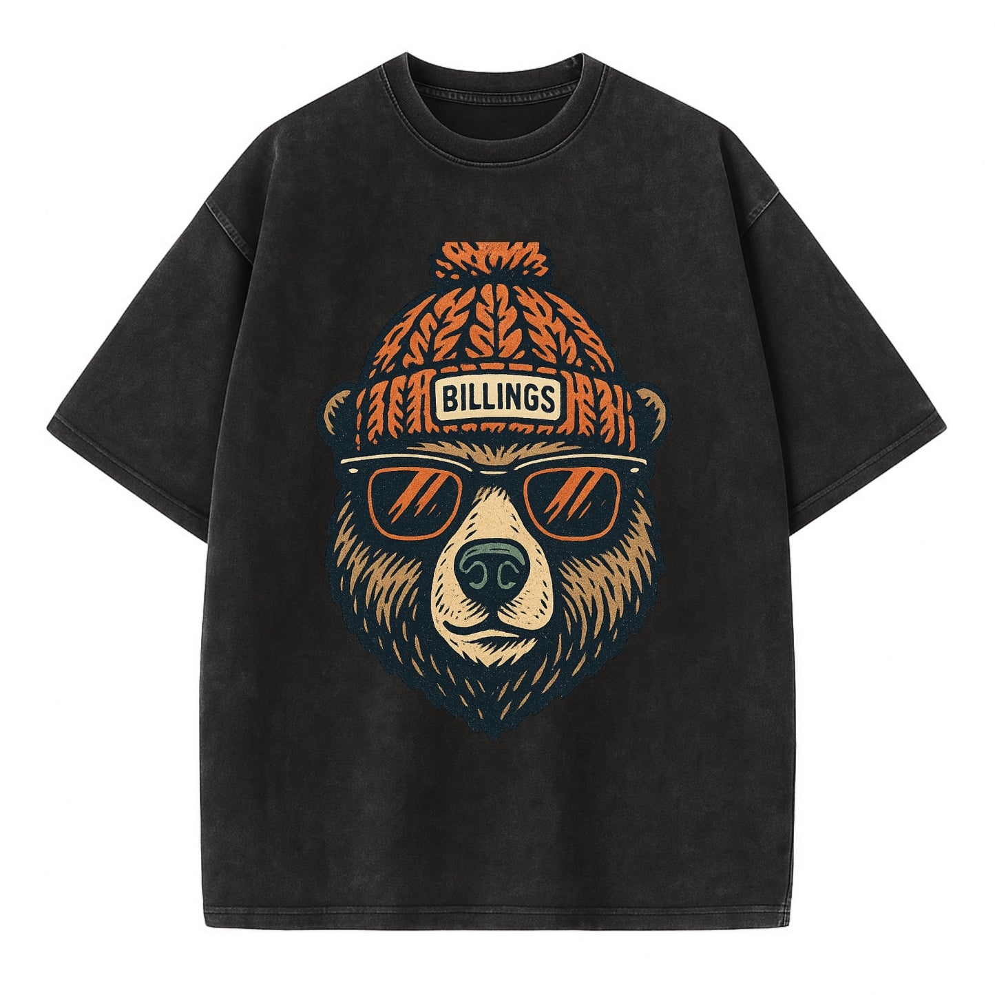 Montana Grizzly Bear wearing Billings beanie with pom pom and wayfarer sunglasses - Vintage T-shirt - Black