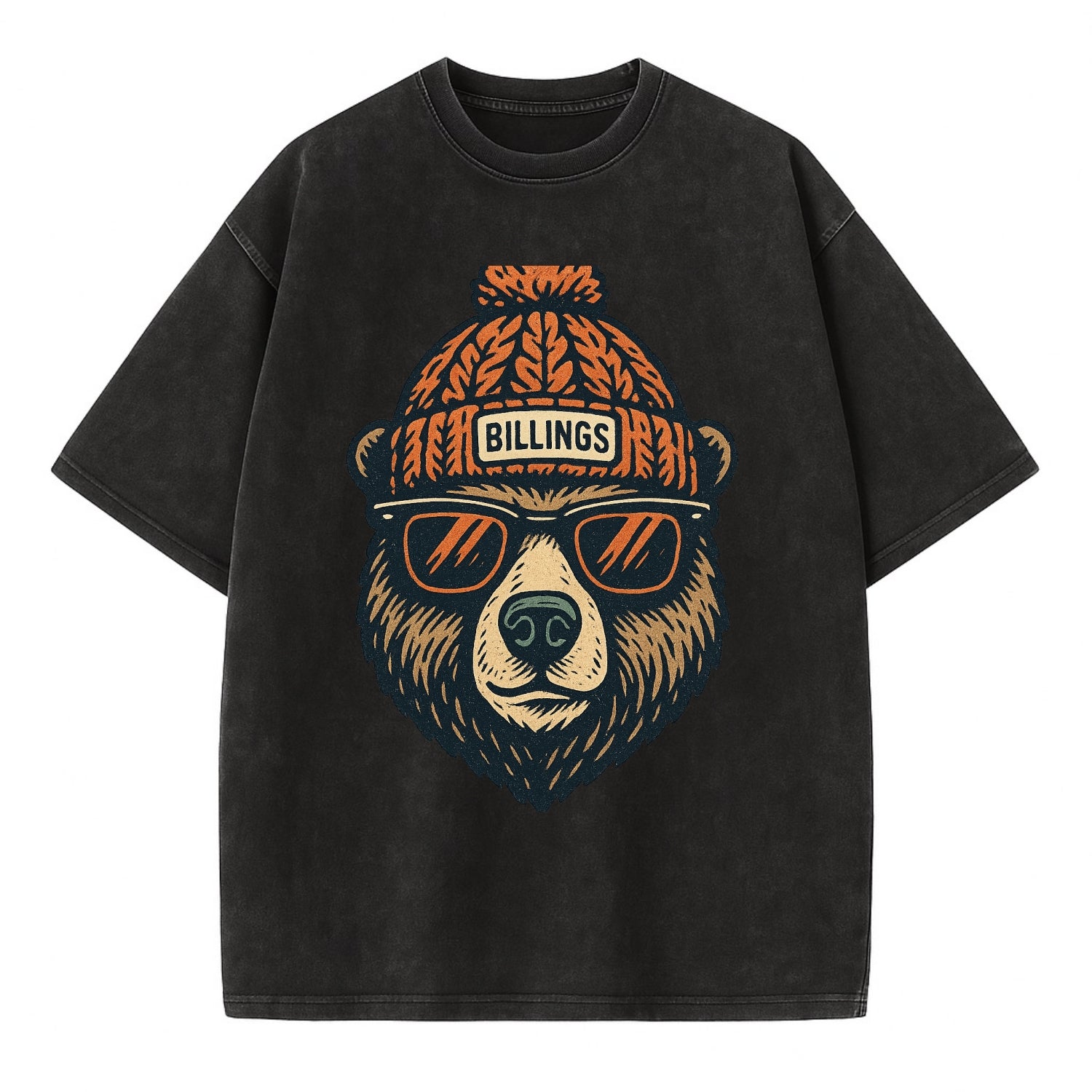 Montana Grizzly Bear wearing Billings beanie with pom pom and wayfarer sunglasses - Vintage T-shirt - Black
