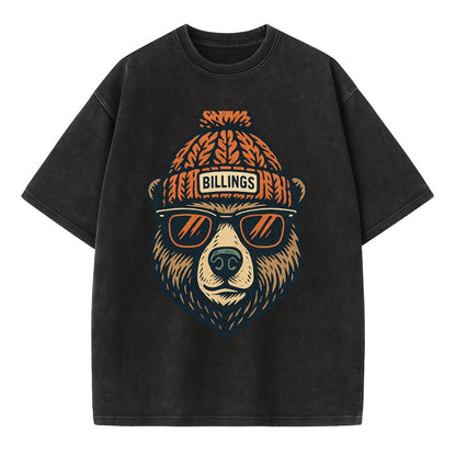 Montana Grizzly Bear wearing Billings beanie with pom pom and wayfarer sunglasses - Vintage T-shirt - Black