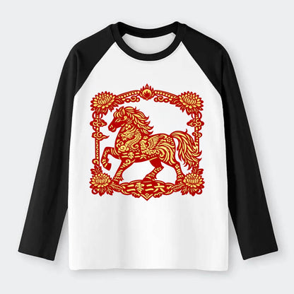 HORSE | Silk style horse design | Gold and silver thread appearance | - Raglan Long Sleeve T-Shirt - Black