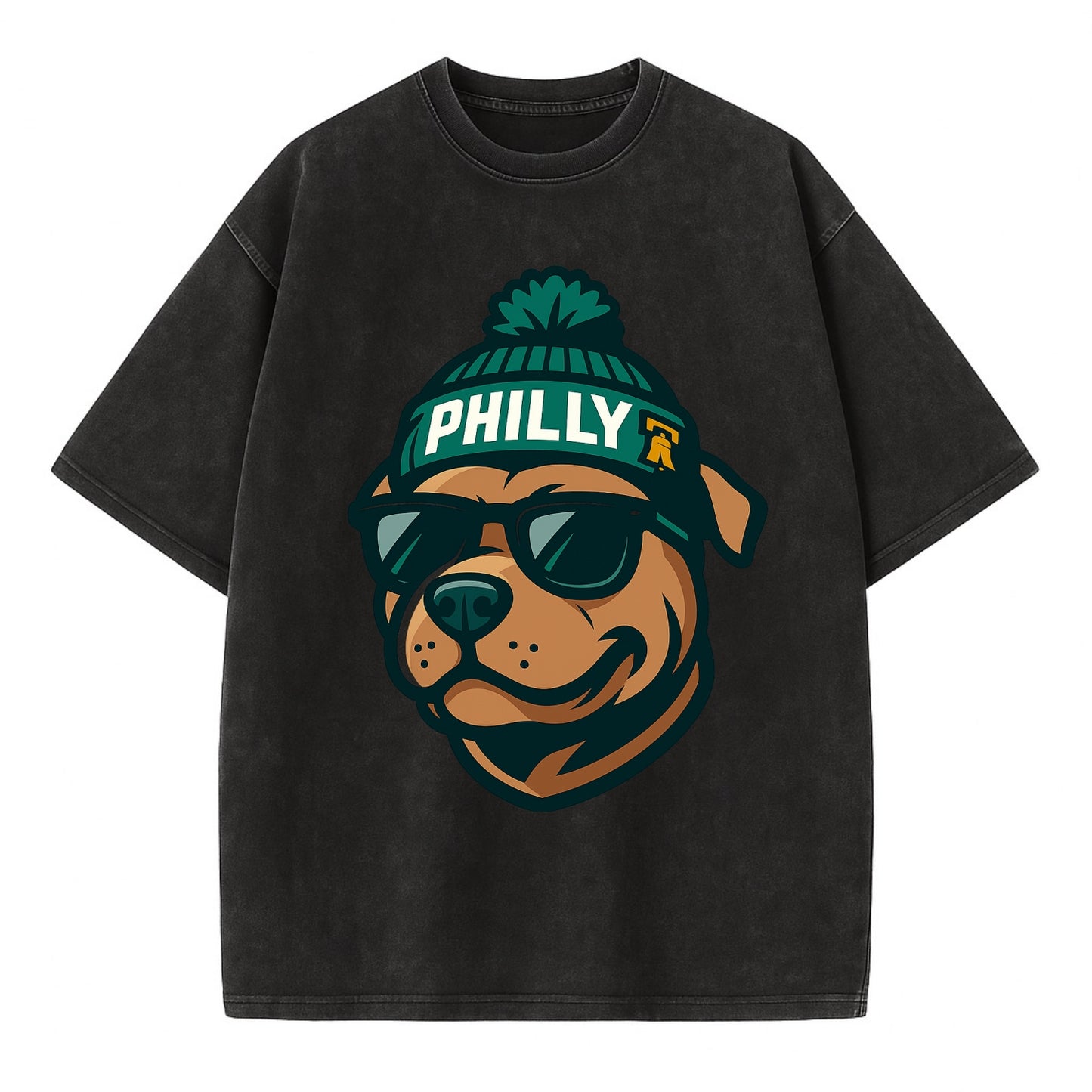 Philly Pitbull wearing Eagles beanie with Liberty Bell patch and wayfarer - Vintage T-shirt - Black