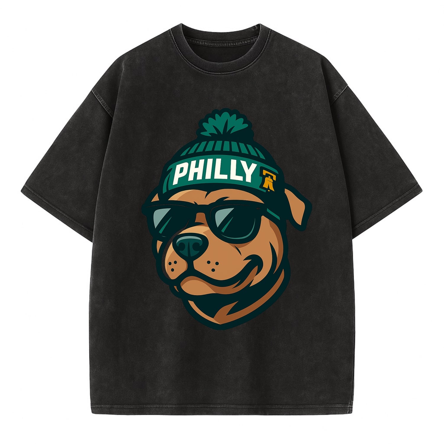 Philly Pitbull wearing Eagles beanie with Liberty Bell patch and wayfarer - Vintage T-shirt - Black