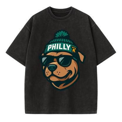 Philly Pitbull wearing Eagles beanie with Liberty Bell patch and wayfarer - Vintage T-shirt - Black
