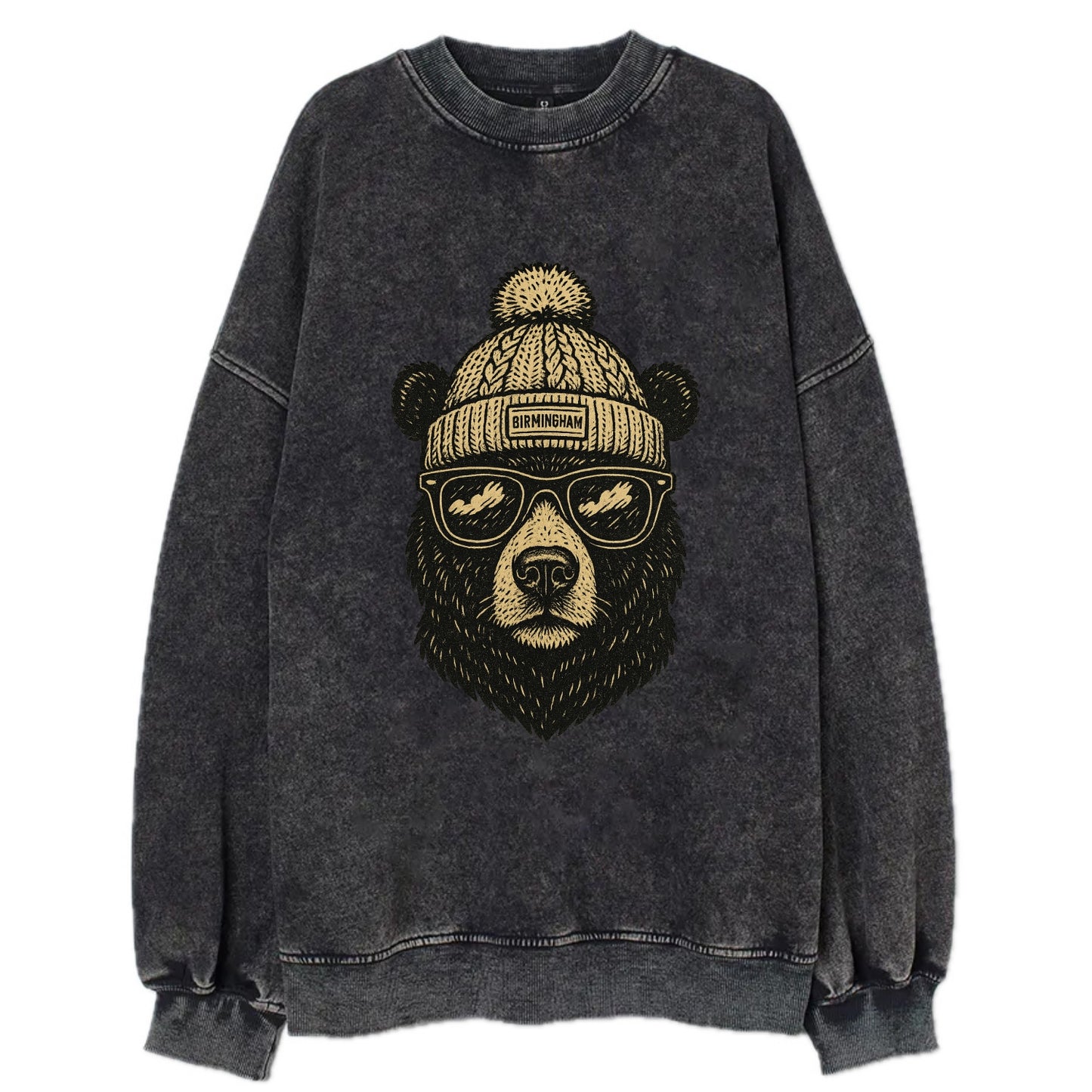 Alabama Black Bear wearing Birmingham beanie with pom pom and wayfarer - Vintage Sweatshirt - Black