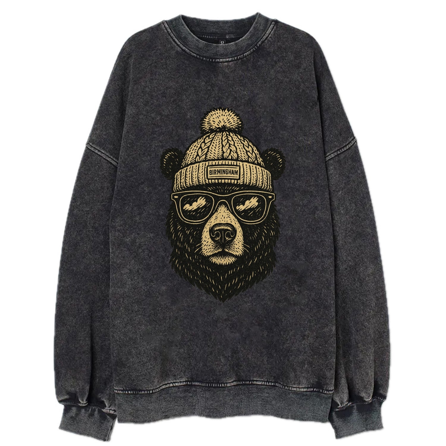 Alabama Black Bear wearing Birmingham beanie with pom pom and wayfarer - Vintage Sweatshirt - Black