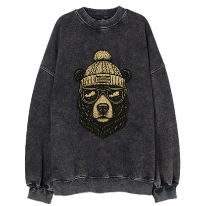Alabama Black Bear wearing Birmingham beanie with pom pom and wayfarer - Vintage Sweatshirt - Black