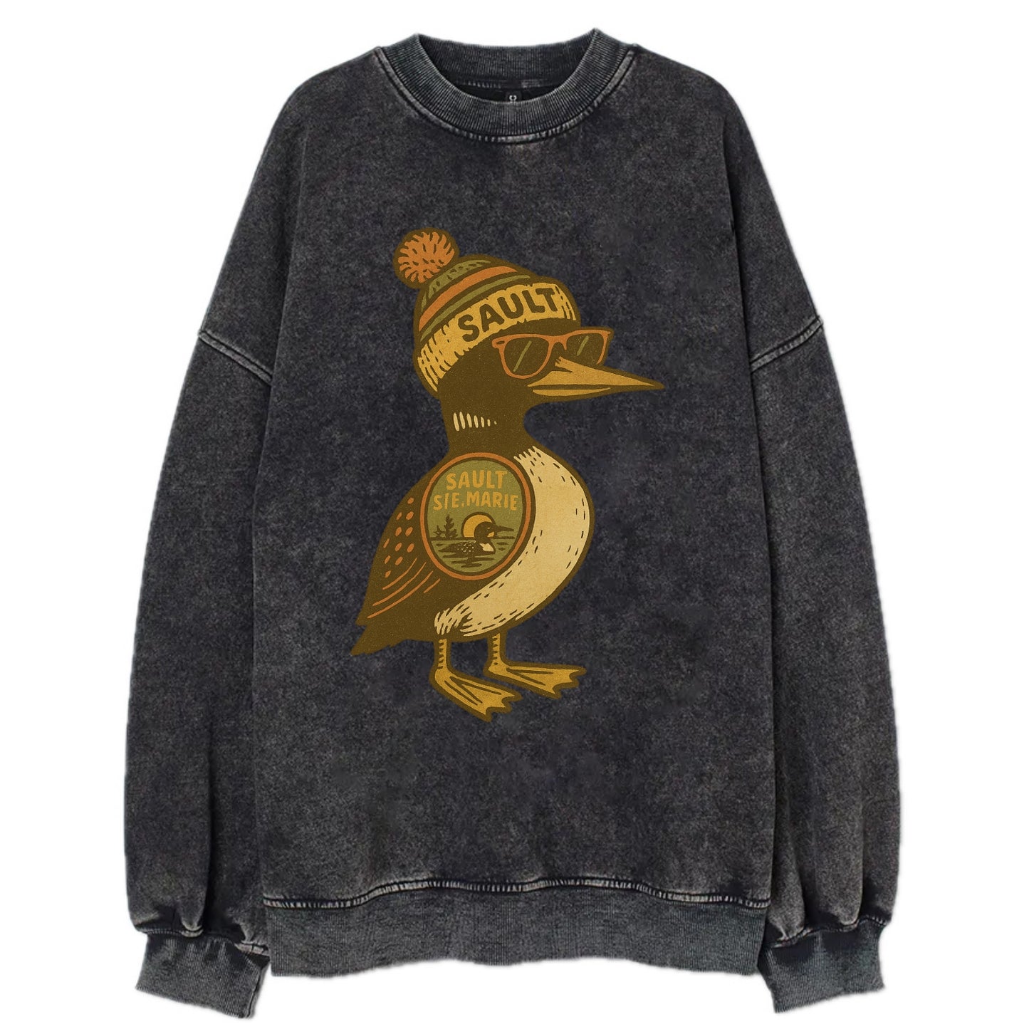 Sault Ste Marie Loon wearing Sault beani - Vintage Sweatshirt - Black