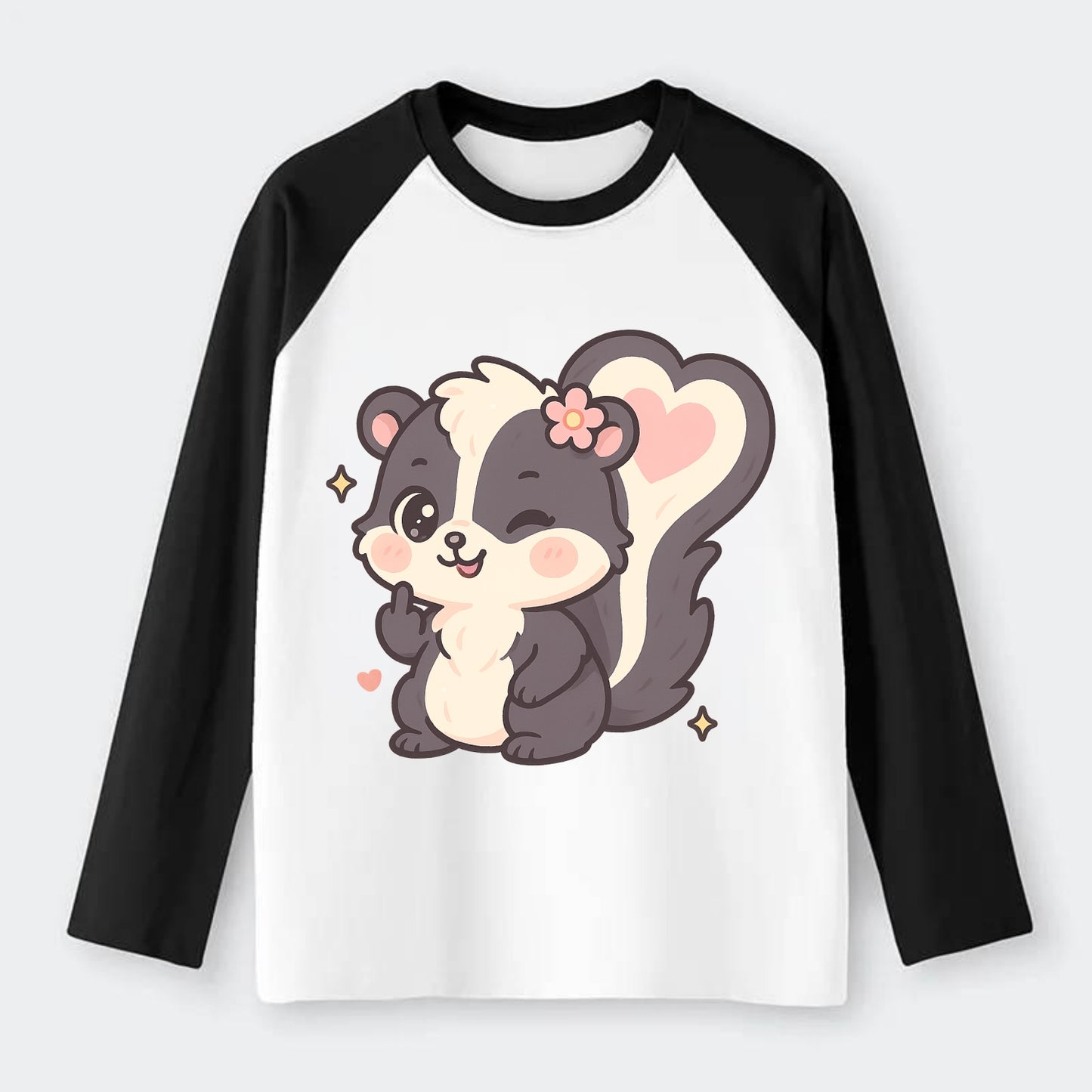 fluffy skunk with heart-shaped tail pattern, one paw up showing sass - Raglan Long Sleeve T-Shirt - Black