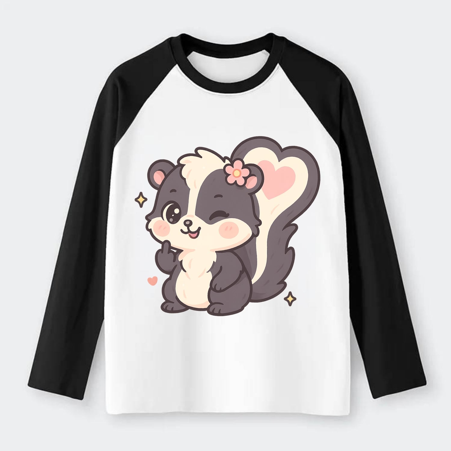 fluffy skunk with heart-shaped tail pattern, one paw up showing sass - Raglan Long Sleeve T-Shirt - Black