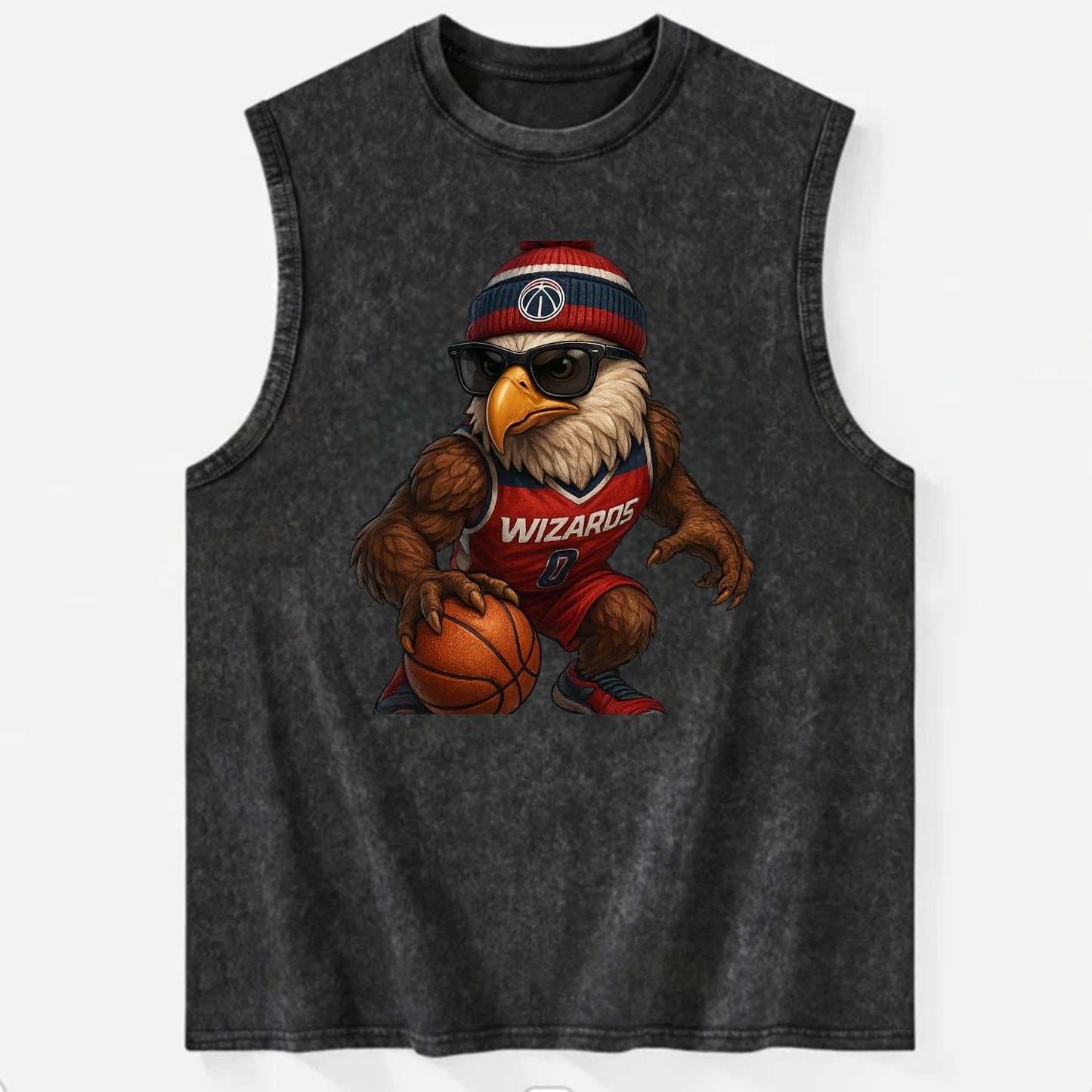 DC Eagle wearing Wizards red white and blue beanie with monument patch and - Vintage Washed Tank - Black