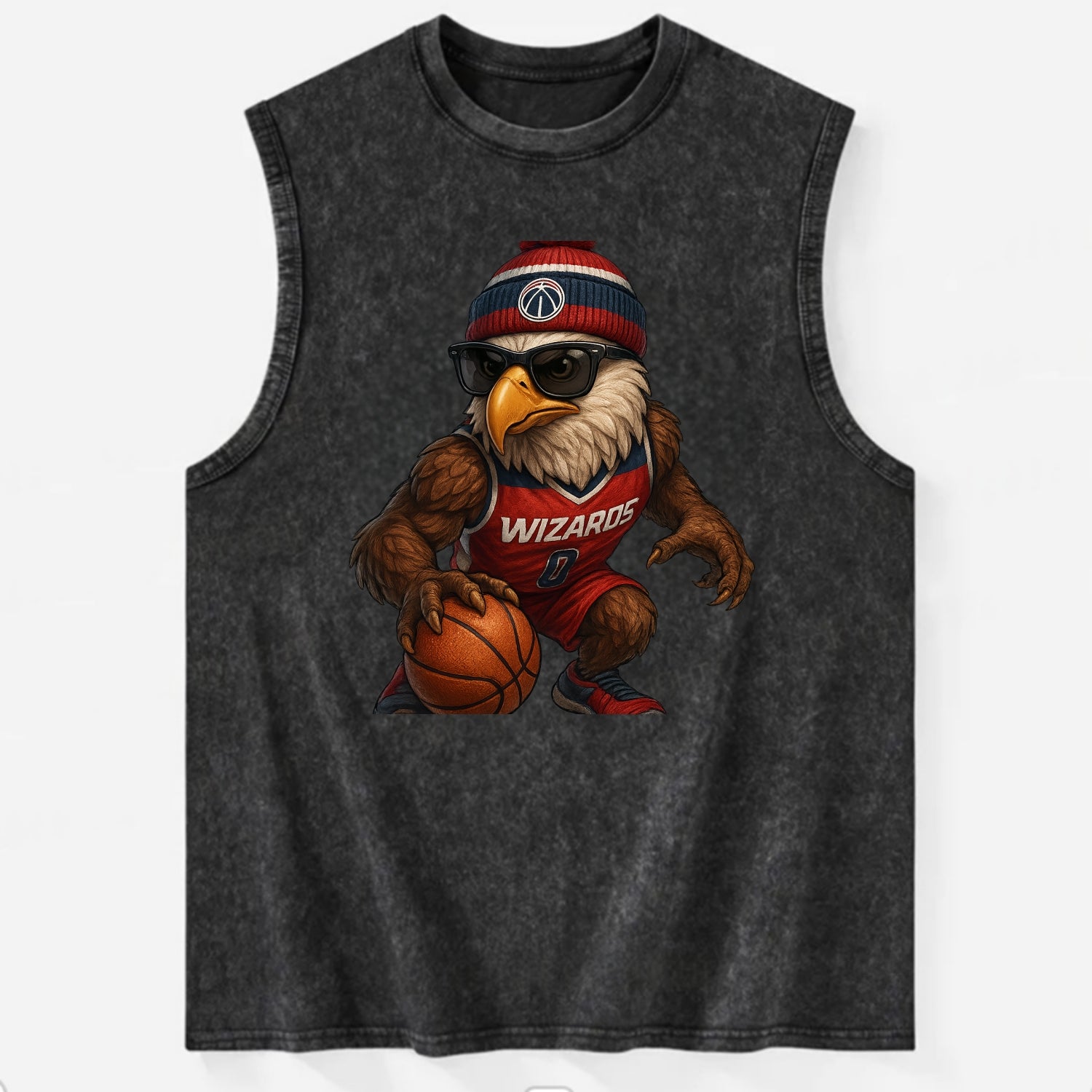 DC Eagle wearing Wizards red white and blue beanie with monument patch and - Vintage Washed Tank - Black