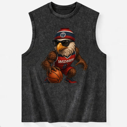 DC Eagle wearing Wizards red white and blue beanie with monument patch and - Vintage Washed Tank - Black