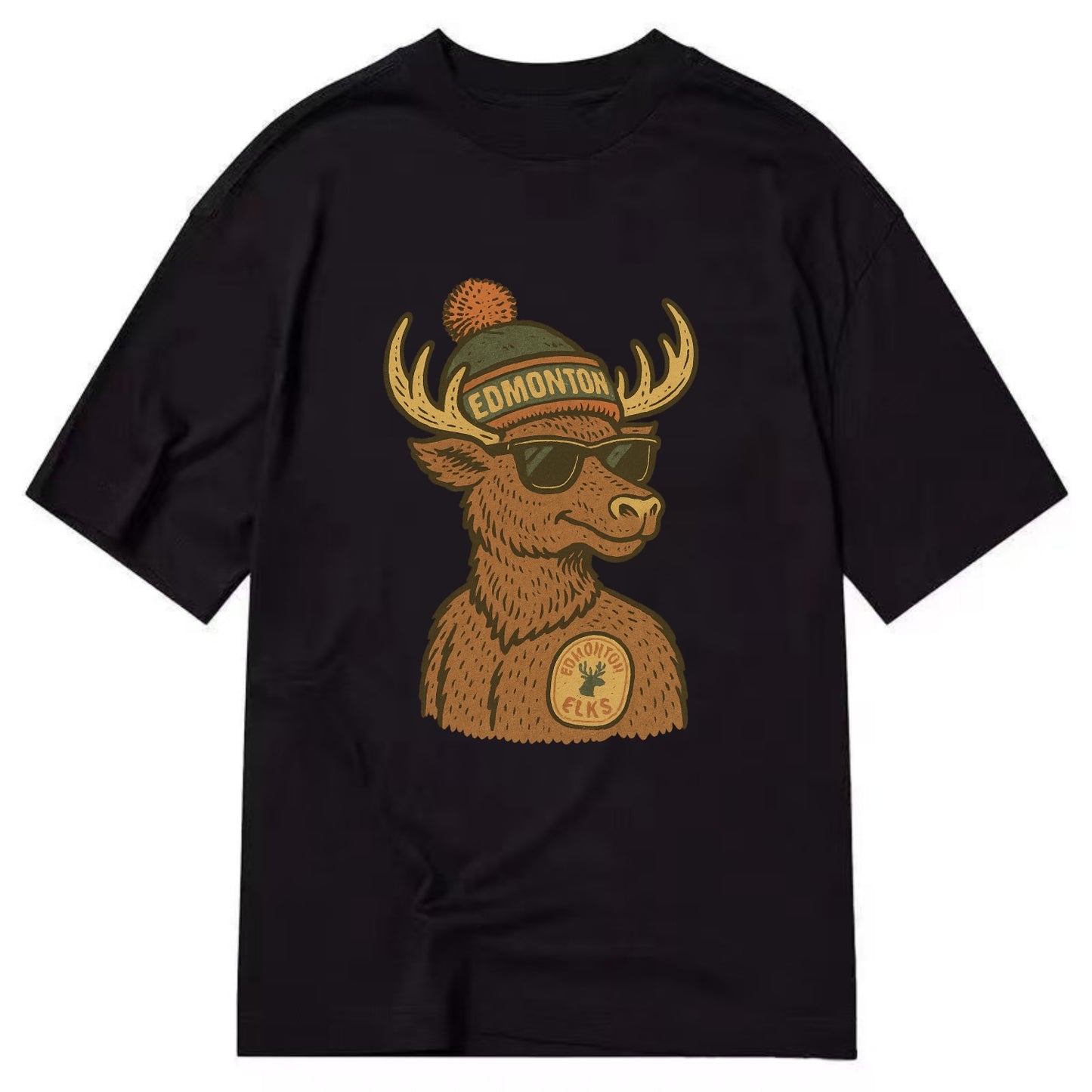 Edmonton Elk wearing Edmonton beanie with pom pom and wayfarer sunglasses - Classic T-shirt - Black