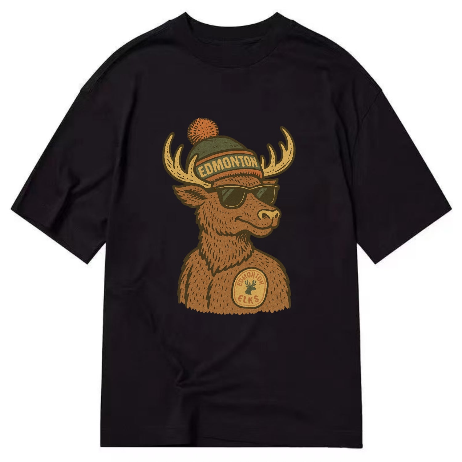 Edmonton Elk wearing Edmonton beanie with pom pom and wayfarer sunglasses - Classic T-shirt - Black