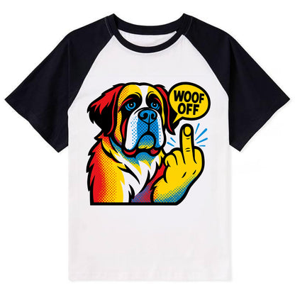 Saint Bernard with gentle giant face and droopy jowls, huge paw raised - Contrast Raglan T-shirt - Black