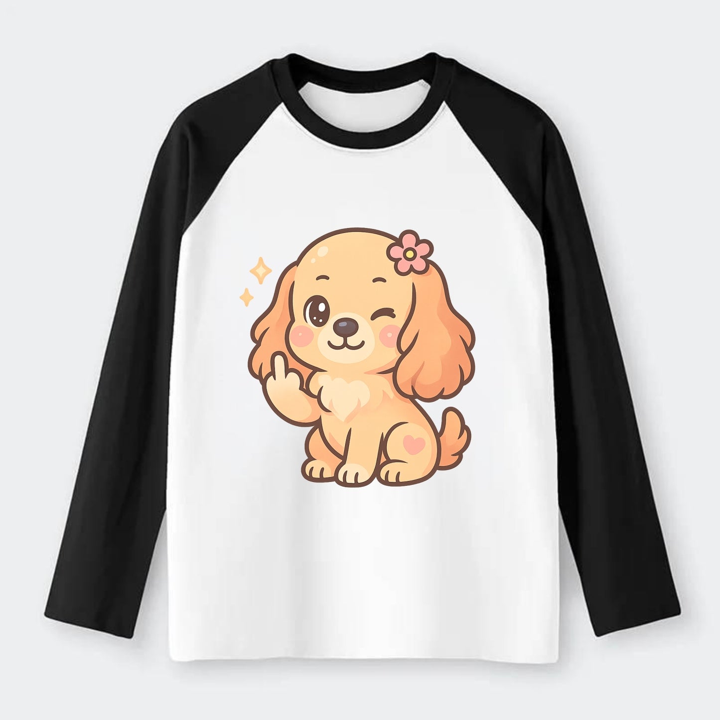 Cocker Spaniel with long wavy ears, gentle face, paw flipping off - Raglan Long Sleeve T-Shirt - Black