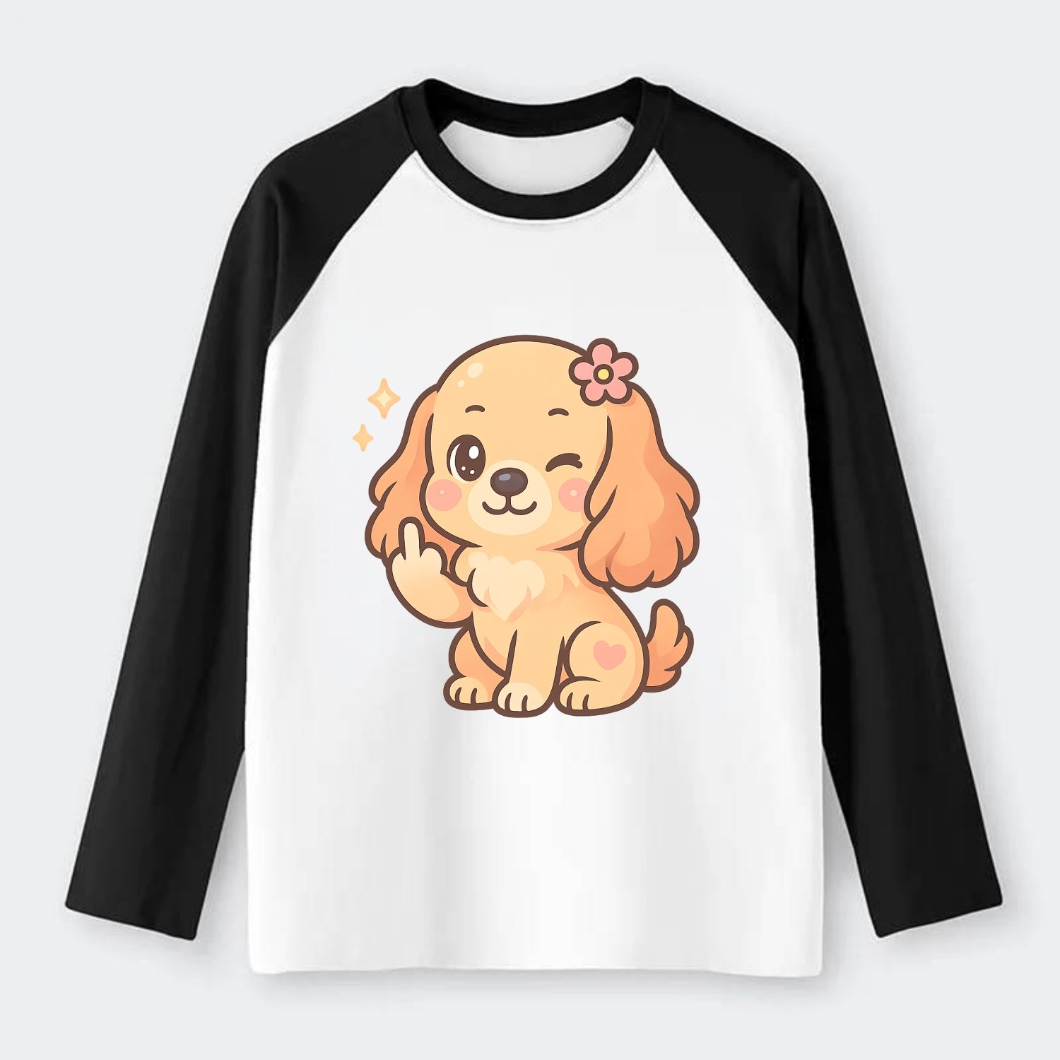 Cocker Spaniel with long wavy ears, gentle face, paw flipping off - Raglan Long Sleeve T-Shirt - Black