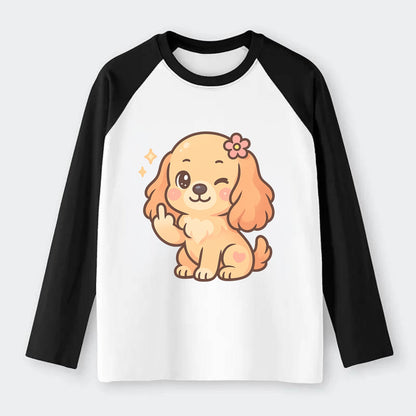 Cocker Spaniel with long wavy ears, gentle face, paw flipping off - Raglan Long Sleeve T-Shirt - Black