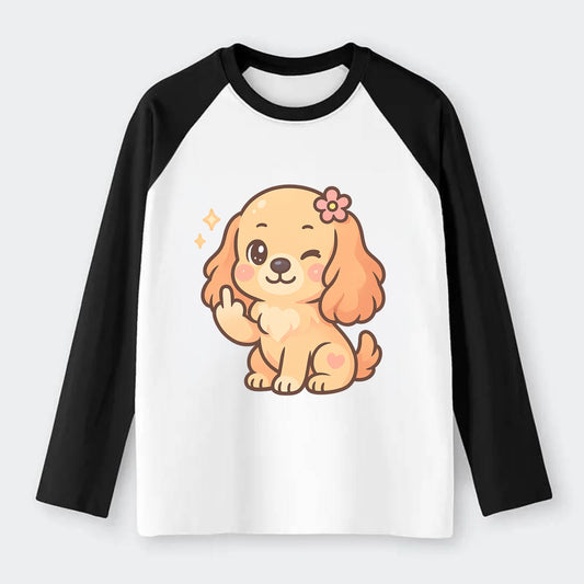 Cocker Spaniel with long wavy ears, gentle face, paw flipping off - Raglan Long Sleeve T-Shirt - Black