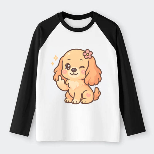 Cocker Spaniel with long wavy ears, gentle face, paw flipping off - Raglan Long Sleeve T-Shirt