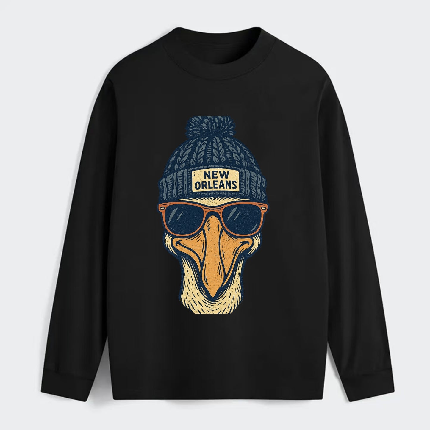 New Orleans Pelican wearing New Orleans beanie with pom pom and - Classic Long Sleeve Shirt - Black