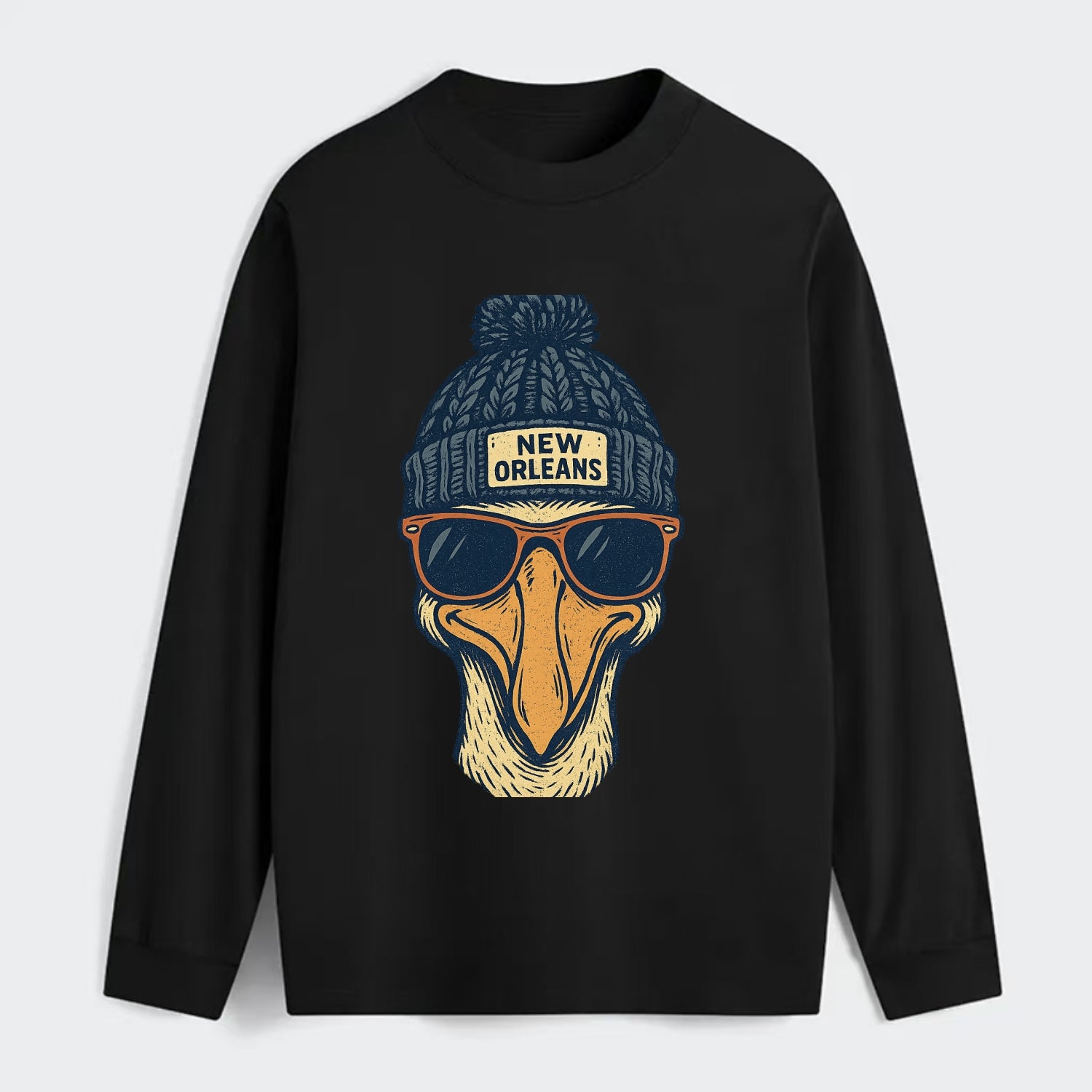 New Orleans Pelican wearing New Orleans beanie with pom pom and - Classic Long Sleeve Shirt - Black
