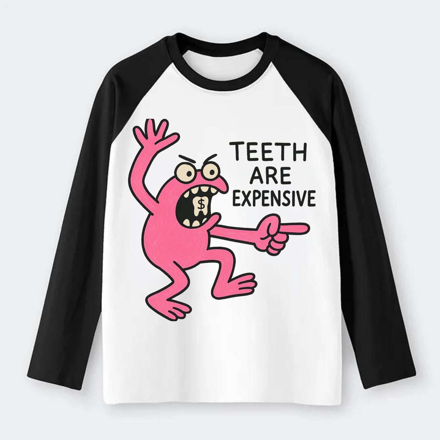 TEETH ARE EXPENSIVE | Dollar sign molar - Raglan Long Sleeve T-Shirt - Black
