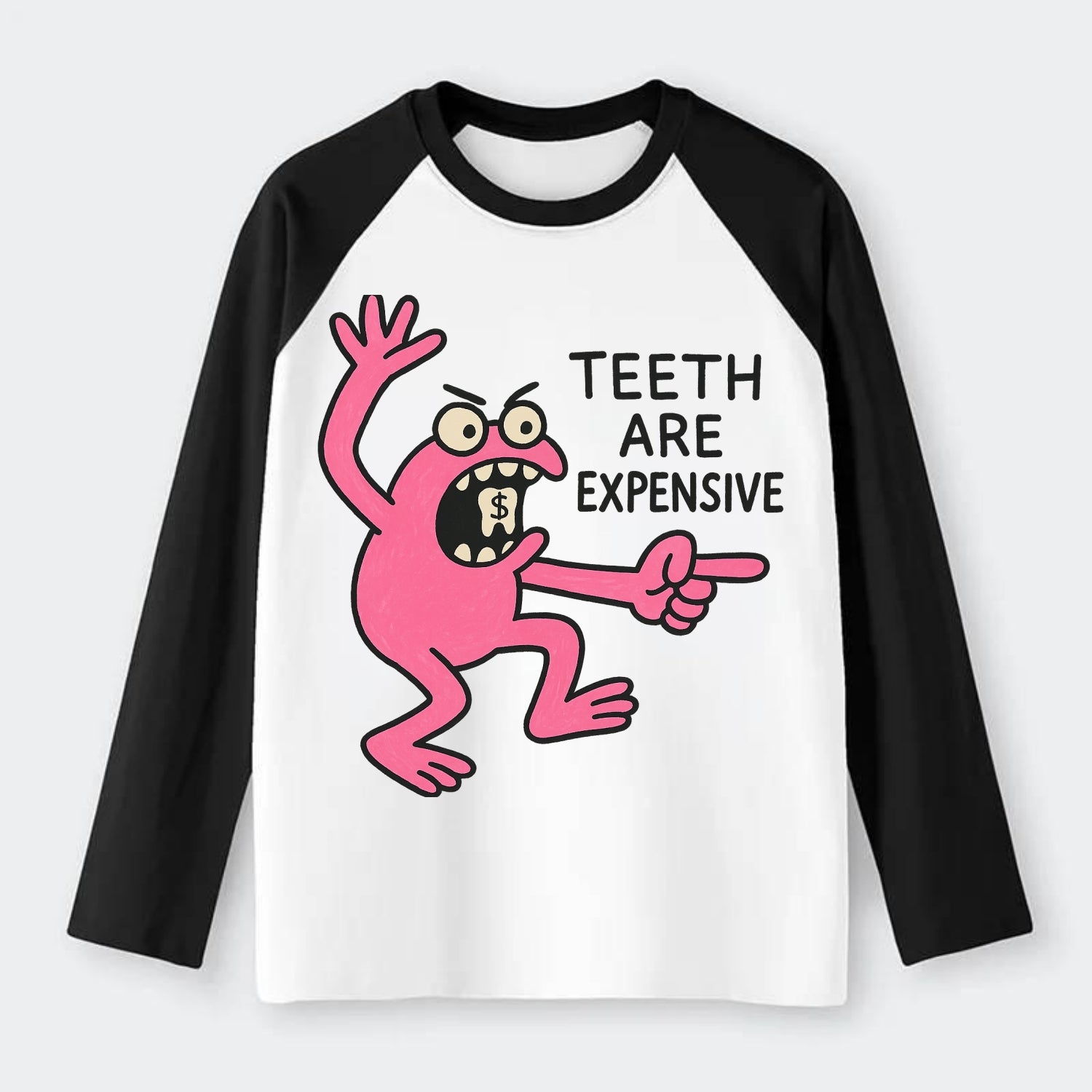TEETH ARE EXPENSIVE | Dollar sign molar - Raglan Long Sleeve T-Shirt - Black