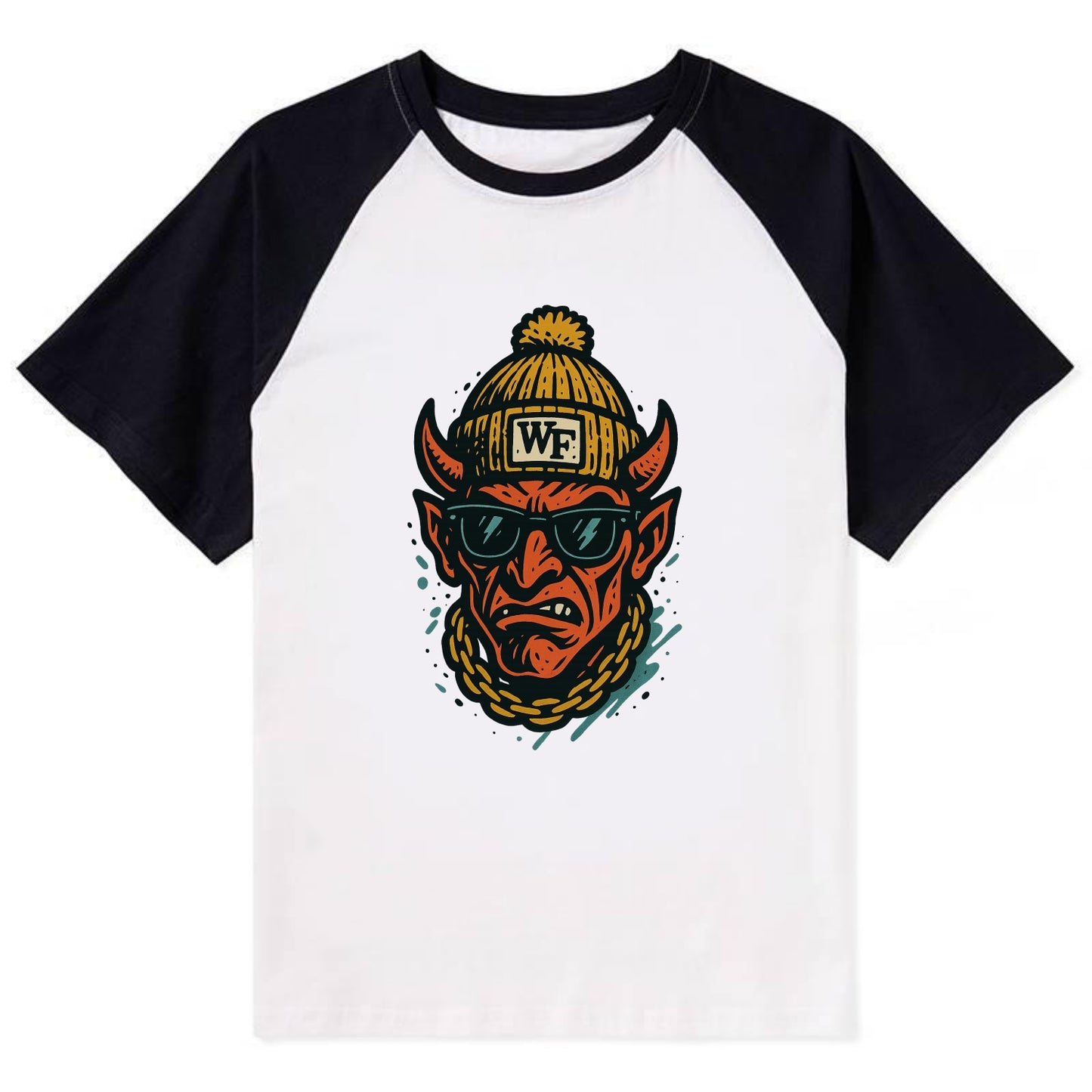Winston-Salem Demon wearing Wake Forest beanie with WF patch - Contrast Raglan T-shirt - Black