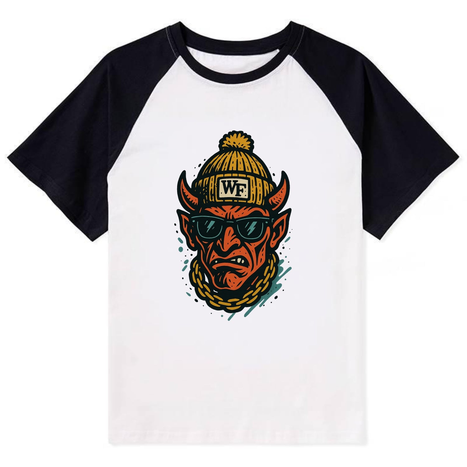 Winston-Salem Demon wearing Wake Forest beanie with WF patch - Contrast Raglan T-shirt - Black