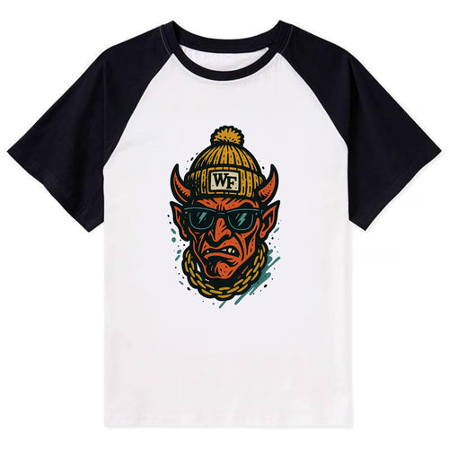 Winston-Salem Demon wearing Wake Forest beanie with WF patch - Contrast Raglan T-shirt