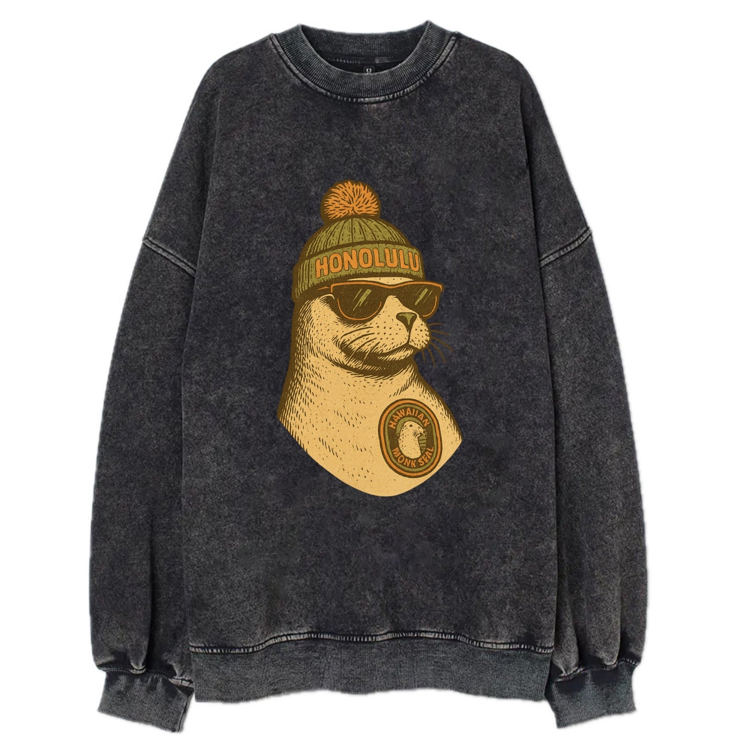 Hawaii Monk Seal wearing Honolulu beanie with pom pom and wayfarer sunglasses - Vintage Sweatshirt - Black