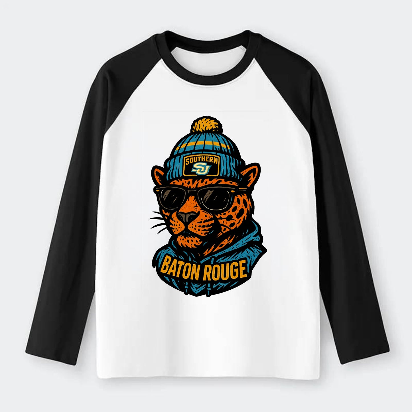 Baton Rouge Jaguar wearing Southern beanie with SU patch - Raglan Long Sleeve T-Shirt - Black