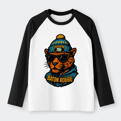 Baton Rouge Jaguar wearing Southern beanie with SU patch - Raglan Long Sleeve T-Shirt - Black
