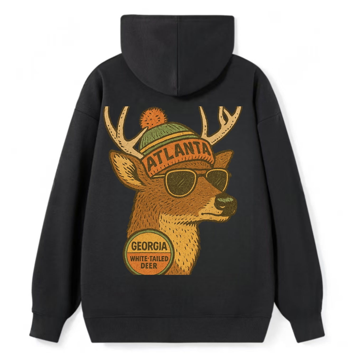 Georgia White-tailed Deer wearing Atlanta beanie with pom pom and - Classic Pullover Hoodie - Black