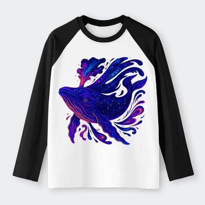 Majestic whale with body composed of galaxy clusters, stellar fins - Raglan Long Sleeve T-Shirt - Black
