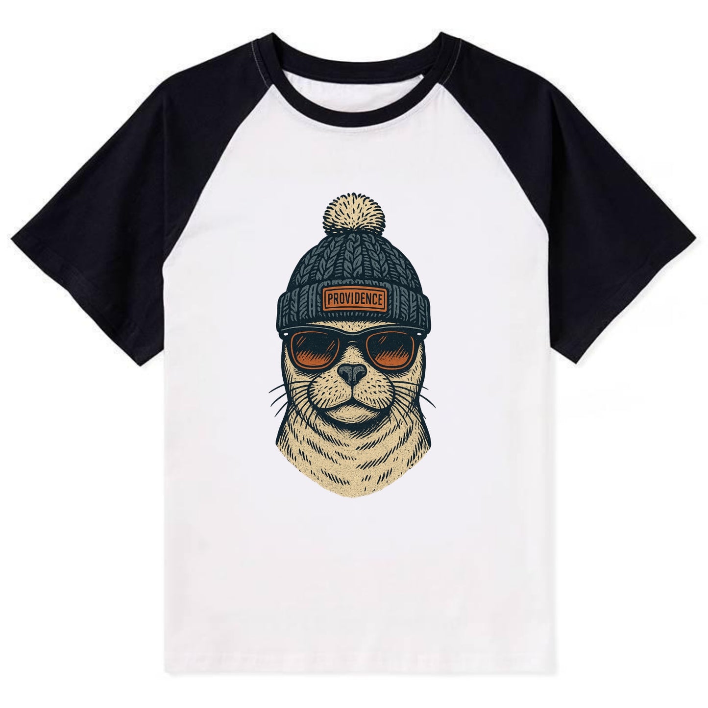 Rhode Island Harbor Seal wearing Providence beanie with pom pom and - Contrast Raglan T-shirt - Black
