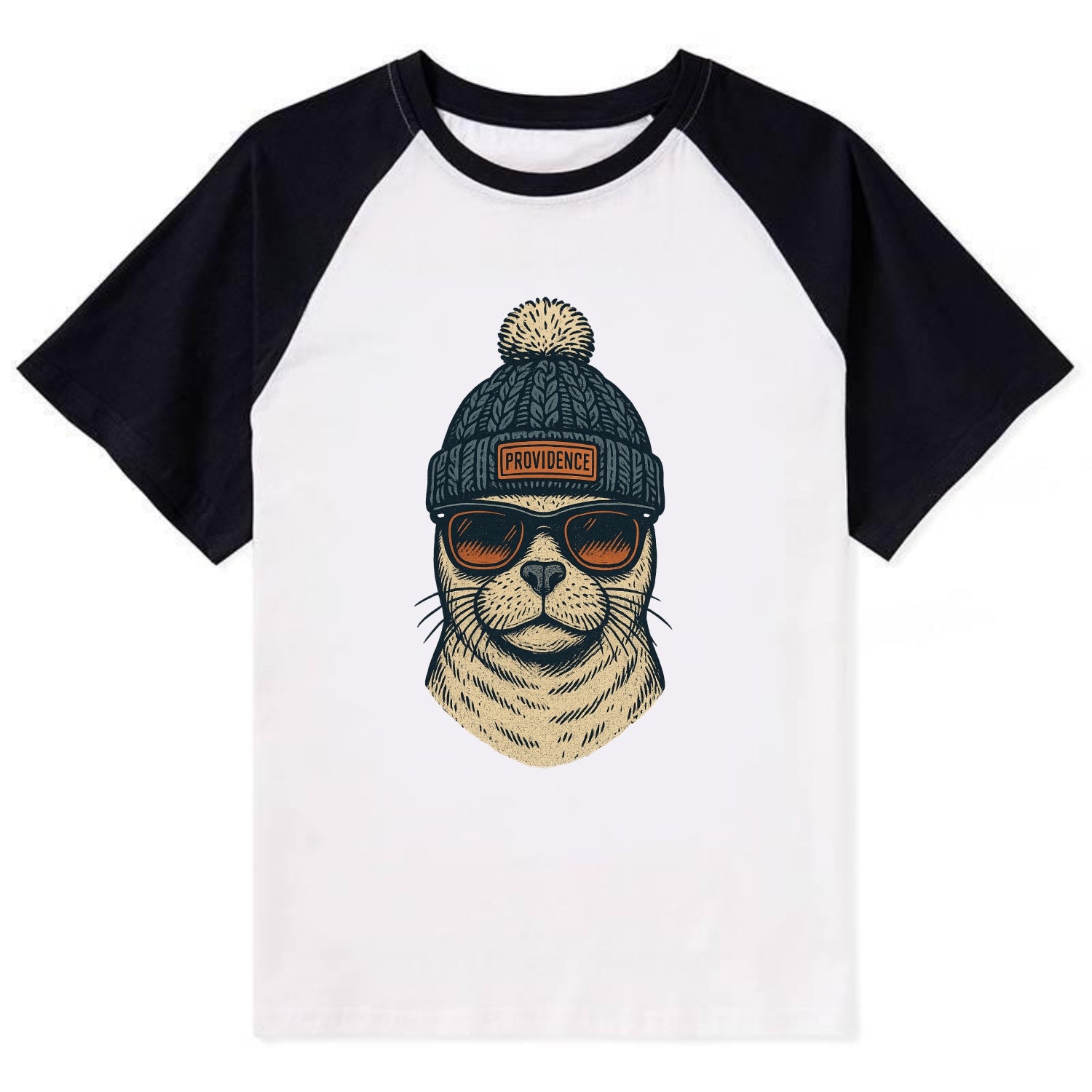 Rhode Island Harbor Seal wearing Providence beanie with pom pom and - Contrast Raglan T-shirt - Black