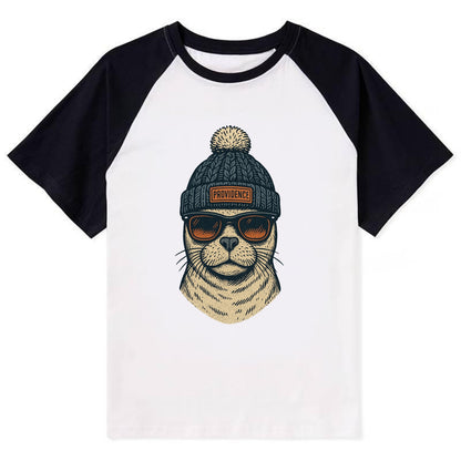 Rhode Island Harbor Seal wearing Providence beanie with pom pom and - Contrast Raglan T-shirt - Black