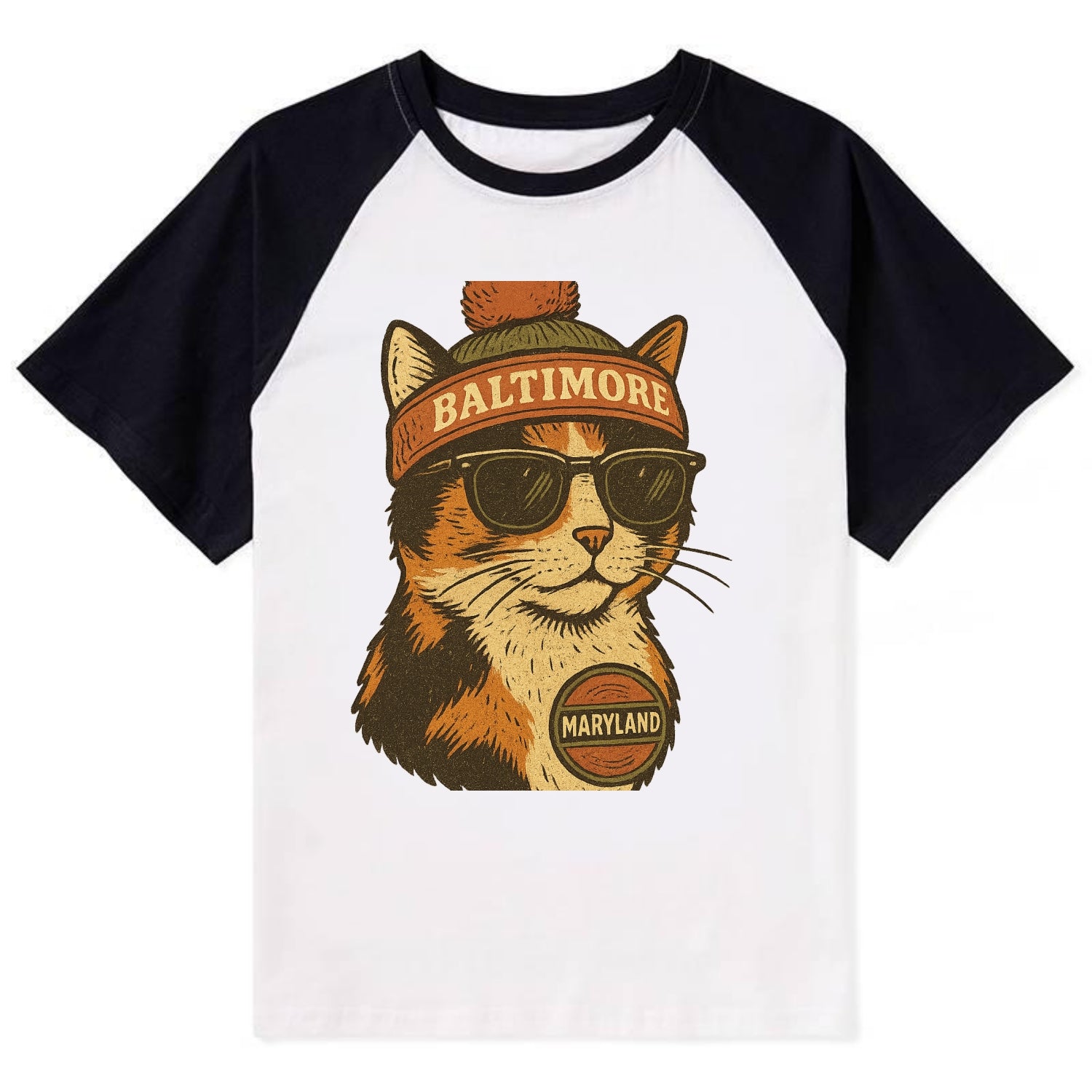 Maryland Calico Cat wearing Baltimore beanie with pom pom and wayfarer - Contrast Raglan T-shirt - Black